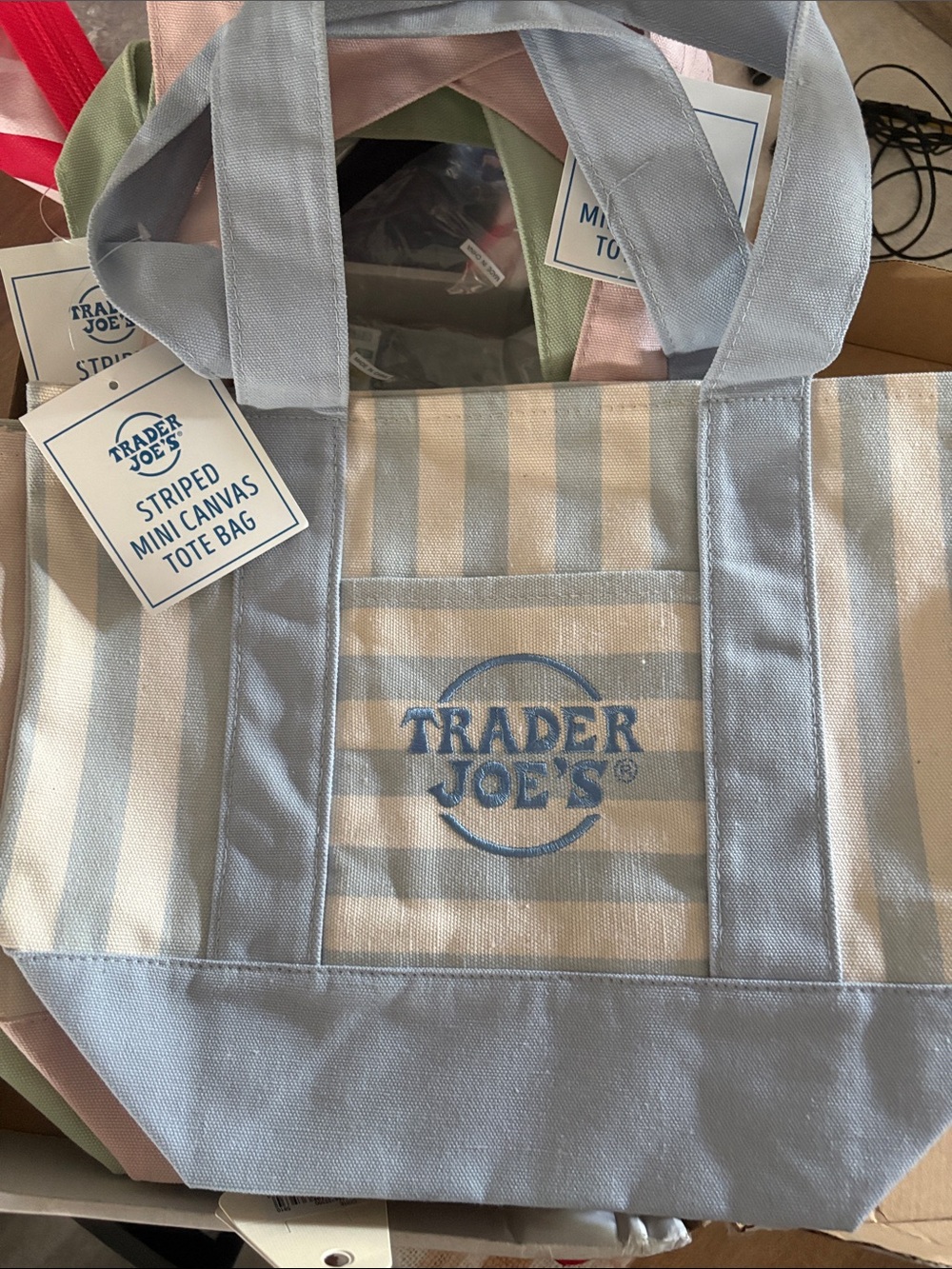 Trader Joe's Striped Mini Canvas Tote Bag - Light Blue & White